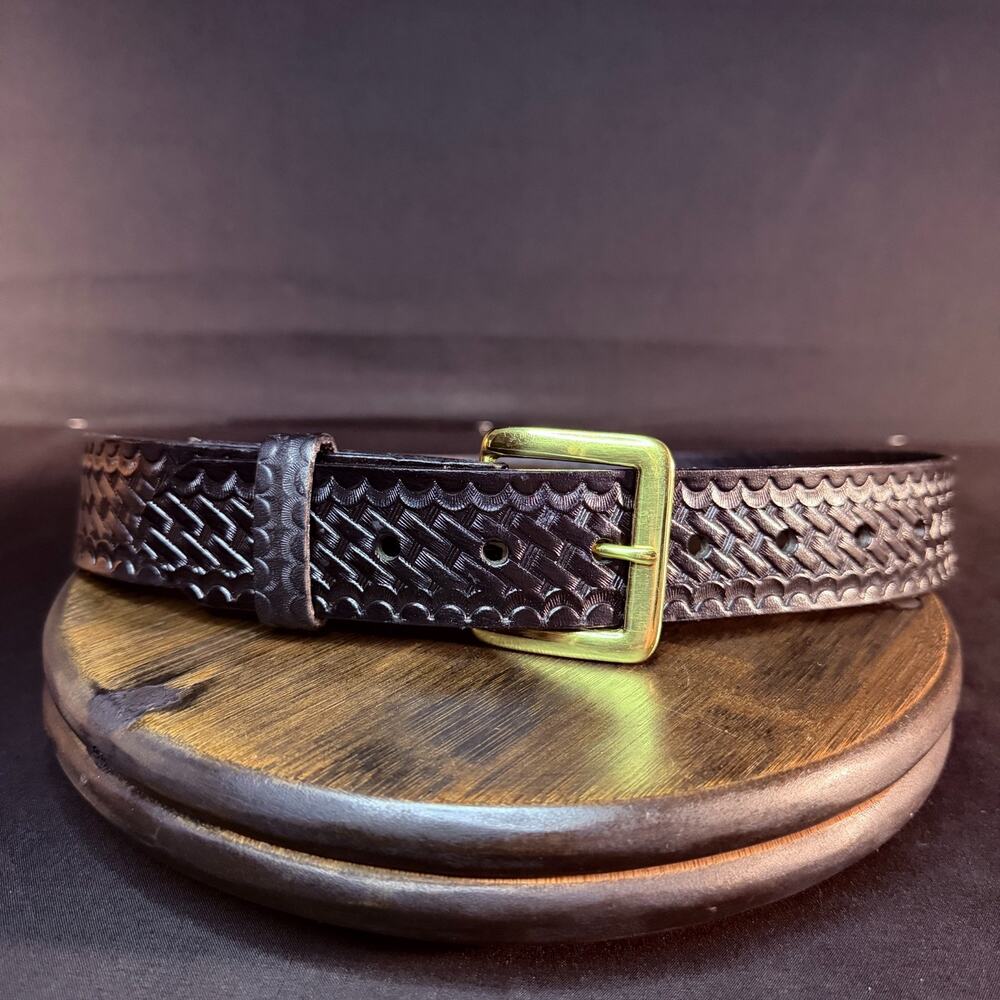Boston Leather Garrison Belt Size 28" Basketweave Black Brass Buckle 6606